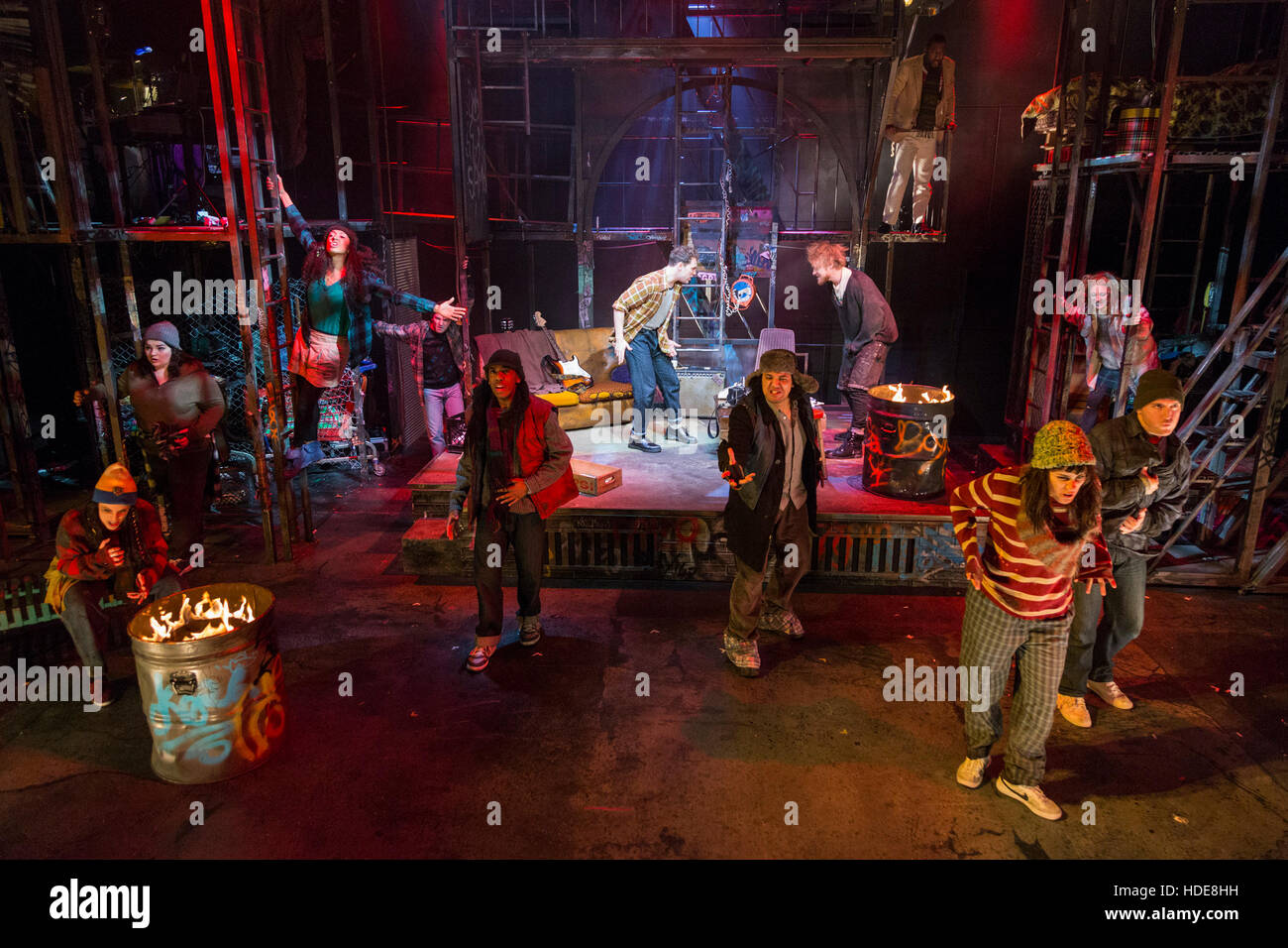 Rent - The Musical runs at St James Theatre from 8 December 2016 to 28 January 2017. The new 20th Anniversary production of Jonathan Larson's Pulitzer Prize- and Tony Award-winning musical is directed by Bruce Guthrie. With Billy Cullum as Mark Cohen, Ross Hunter as Roger Davis, Ryan O'Gorman as Tom Collins, Javar La'trial Parker as Benjamin Coffin III, Layton Williams as Angel Schunard, Philippa Stefani as Mimi Marquez, Lucie Jones as Maureen Jonson and Shanay Holmes as Joanne Jefferson. Stock Photo