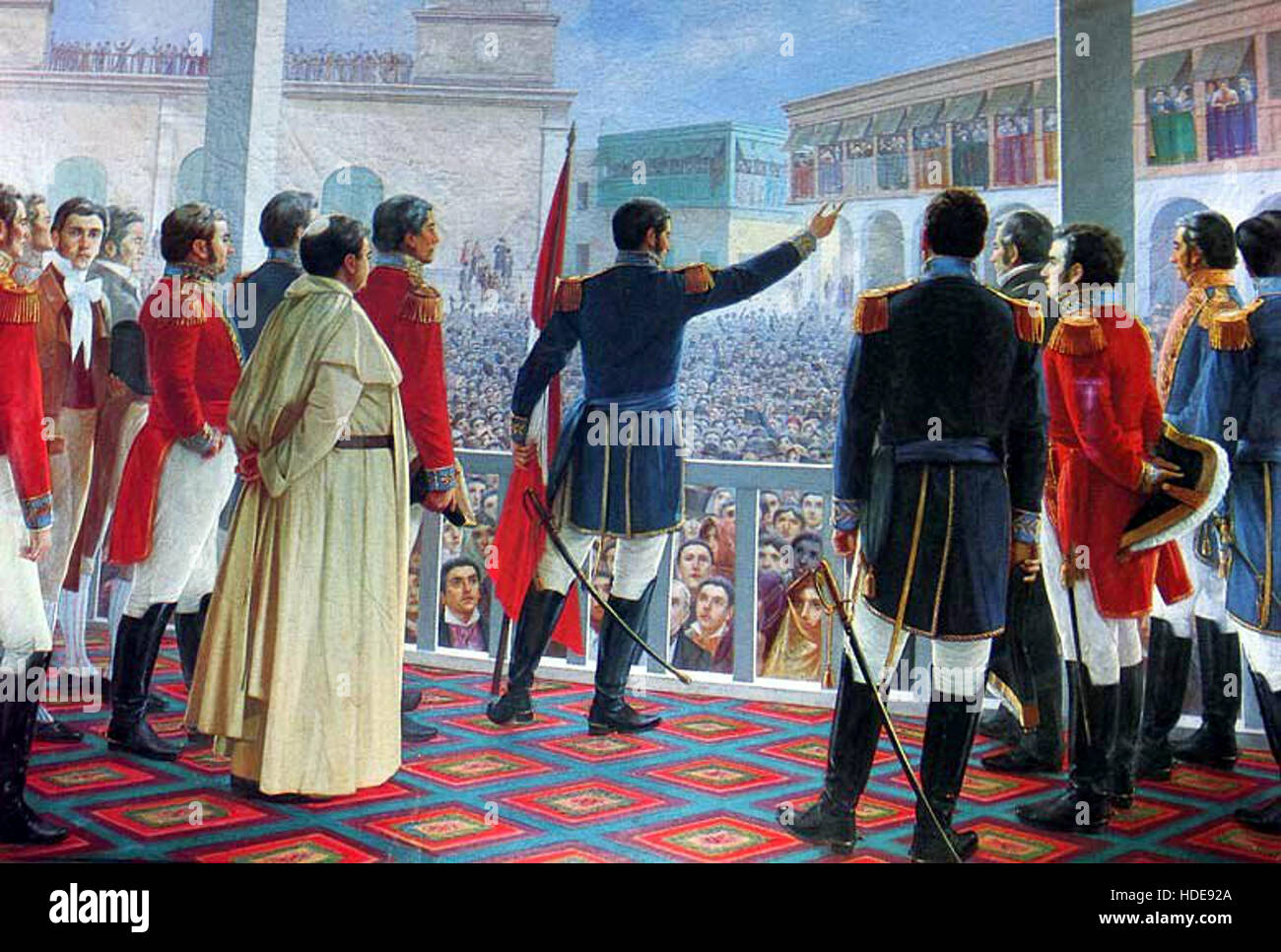 Peruvian Martin San MartÃn proclaims the independence of Peru. Painting by Juan Lepiani ...