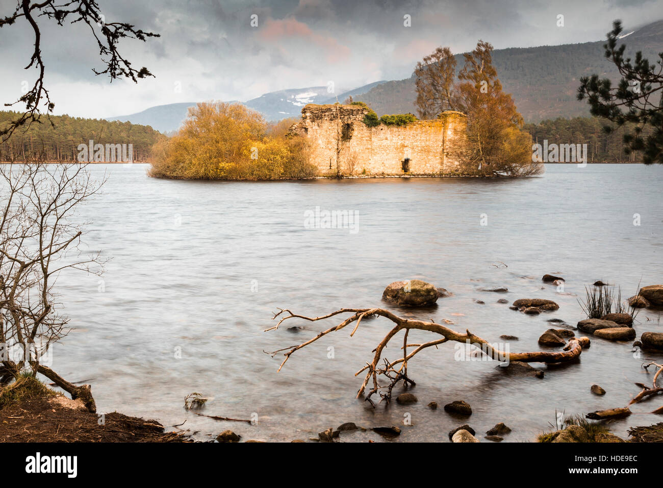 Castle Ruins on Loch an Eilein in the Cairngorms National Park of Scotland. Stock Photo