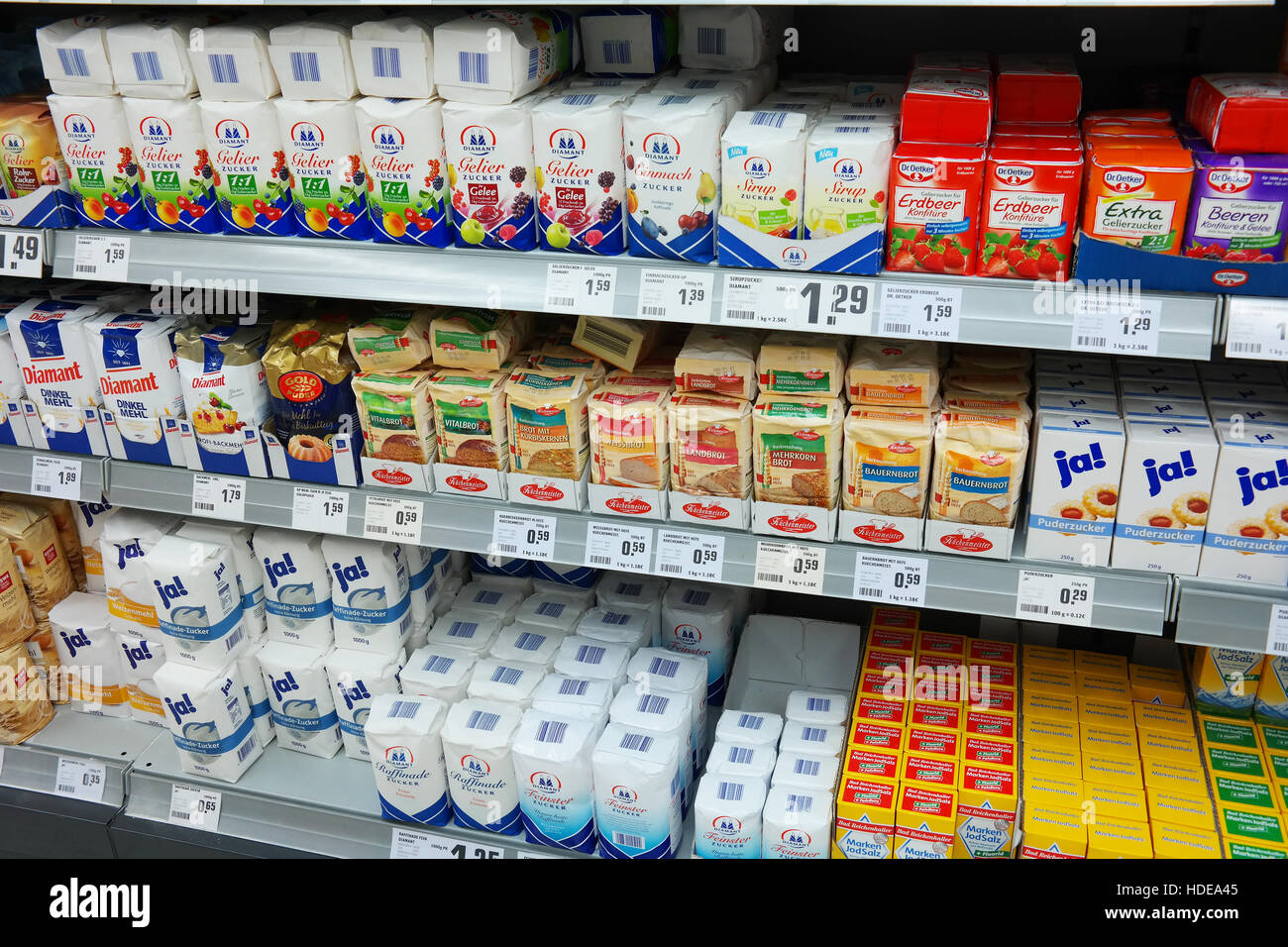 Gelling sugar products in REWE supermarket Stock Photo