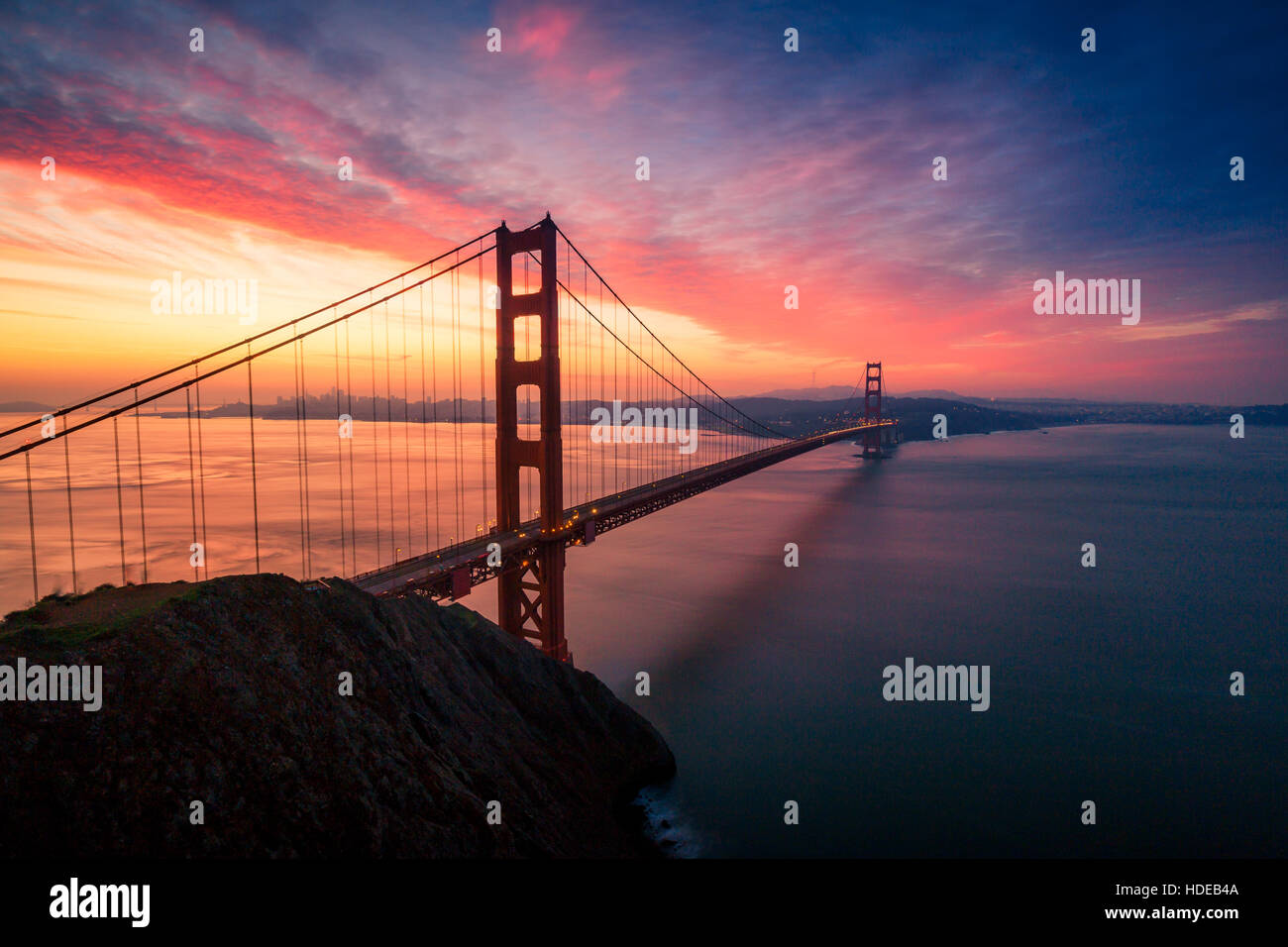 Colorful sunrise at the Golden Gate Bridge in San Francisco, California, USA Stock Photo