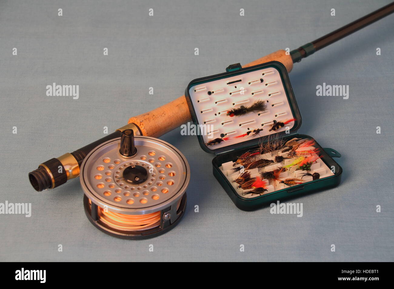 Flyfish rod and reel and flies isolated on a clear background image
