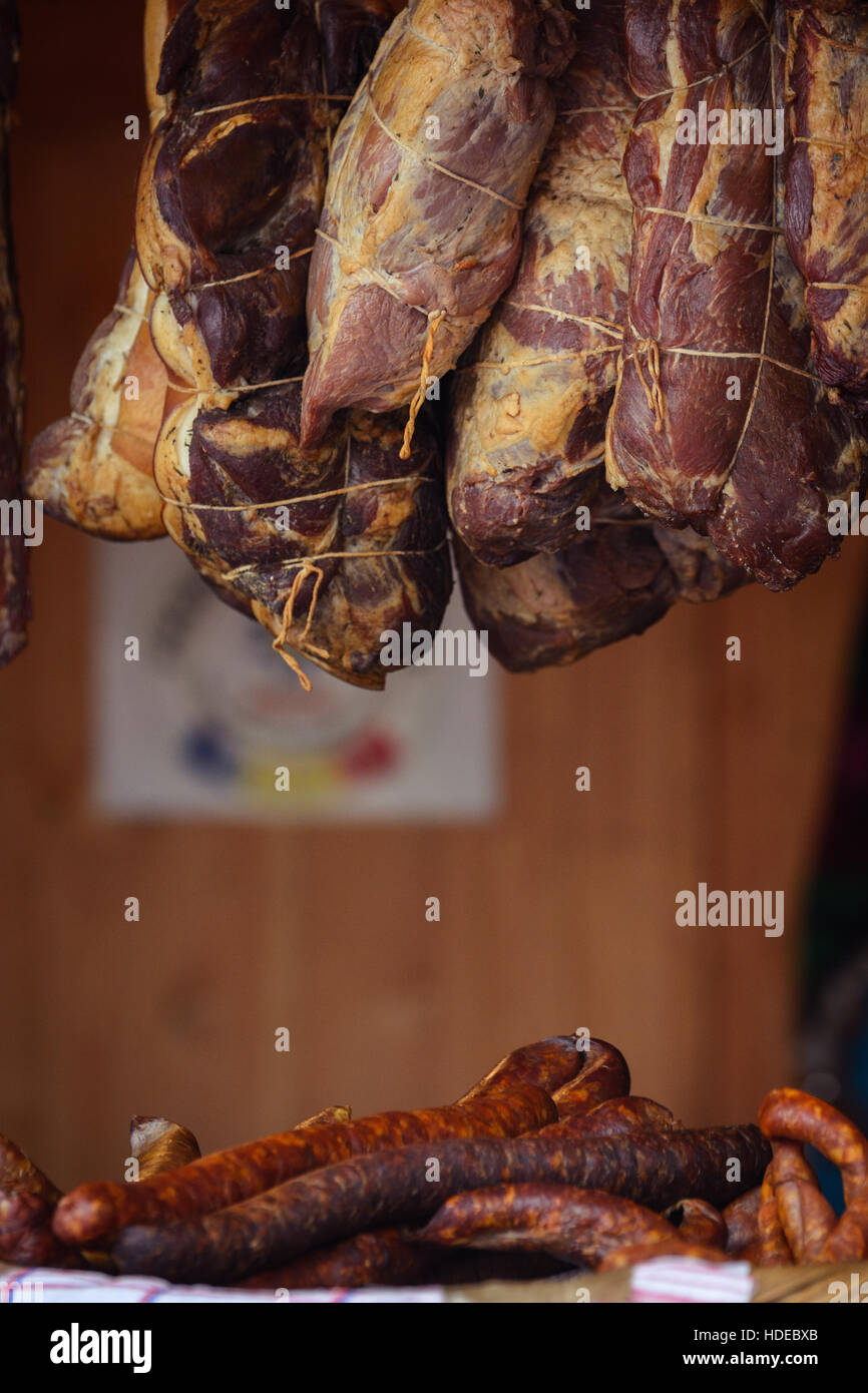 Traditionally homemade cured meat and sausages, smoked, hanged in the