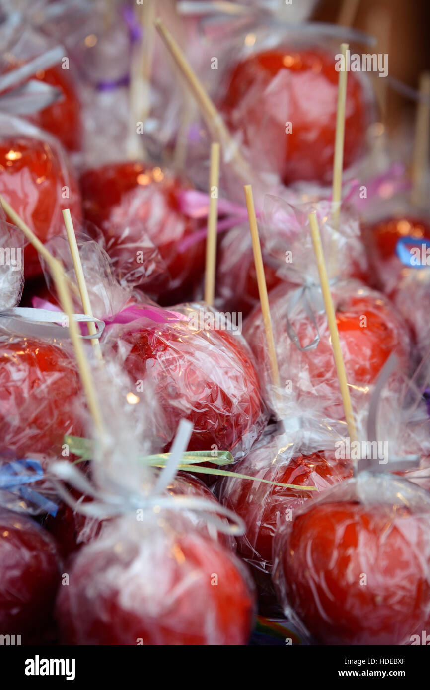 Red candy apples Christmas traditional Stock Photo