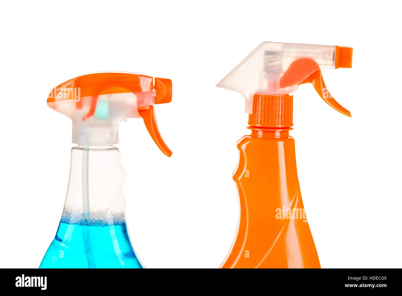 two spray bottle with cleaning agents on a white background isolated