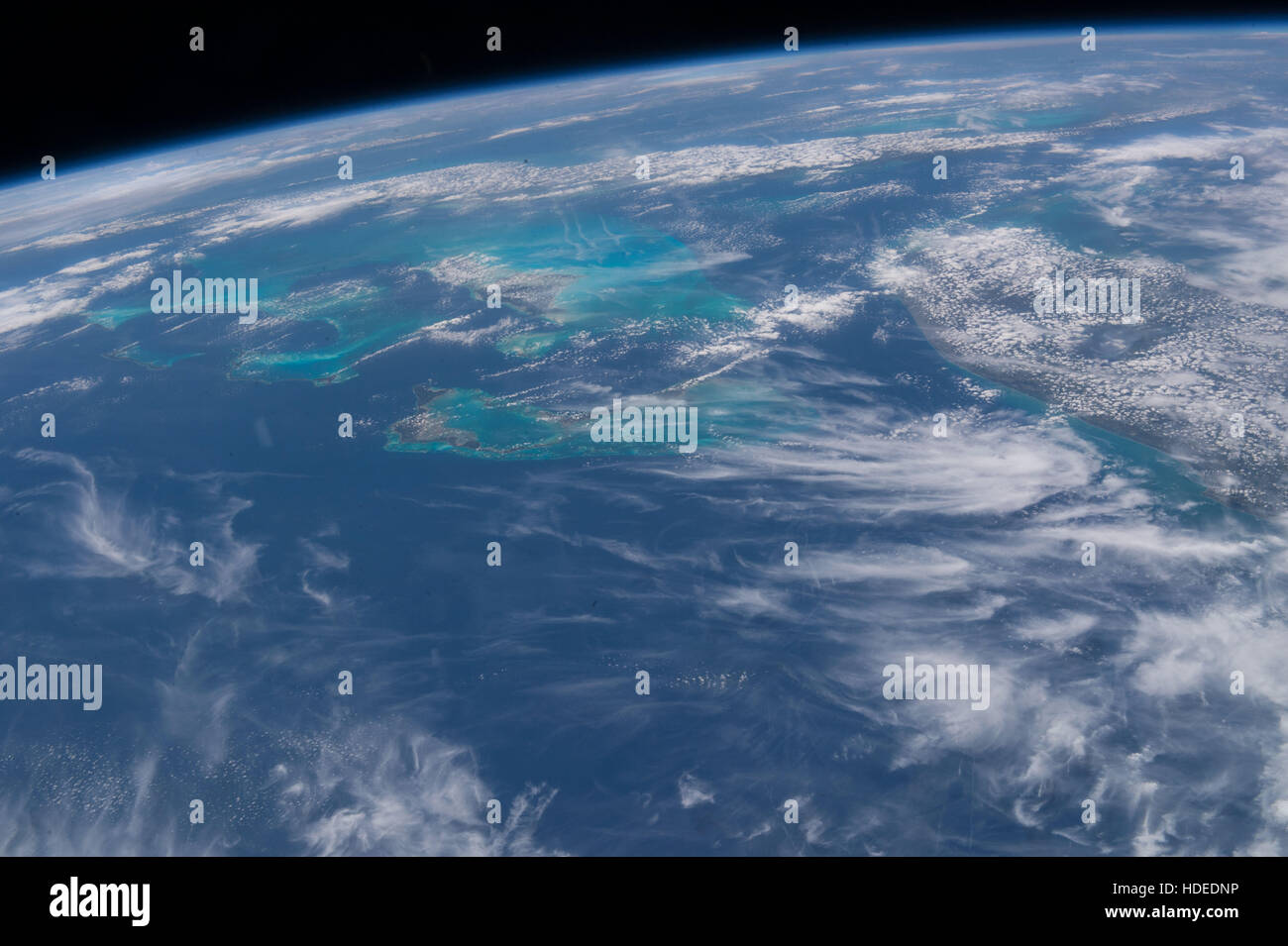 A satellite Earth observation image taken by the NASA International Space Station Expedition 47 crew shows the Florida peninsula, Bahama island chain, and Cuba April 20, 2016 in Earth orbit. Stock Photo