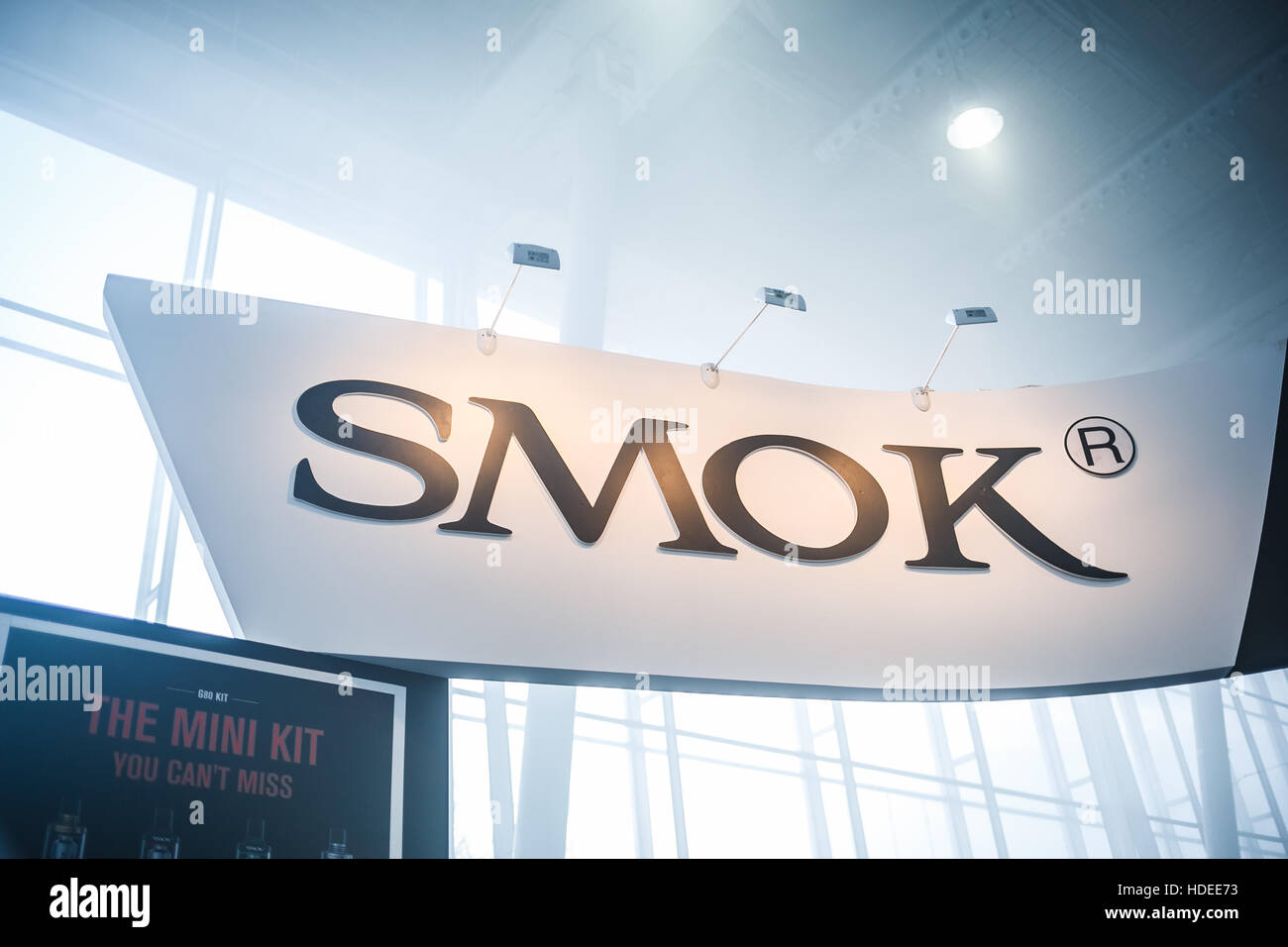 MOSCOW - 9 DECEMBER,2016: International Vape Expo.New brand Smok banner at exposition. Stock Photo