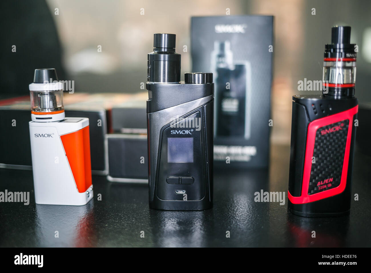 MOSCOW - 9 DECEMBER,2016: International Vape Expo.Popular vaper device  mod.Upgrade parts for modern vaporizer e-cig device,spare parts.New device  mode Stock Photo - Alamy