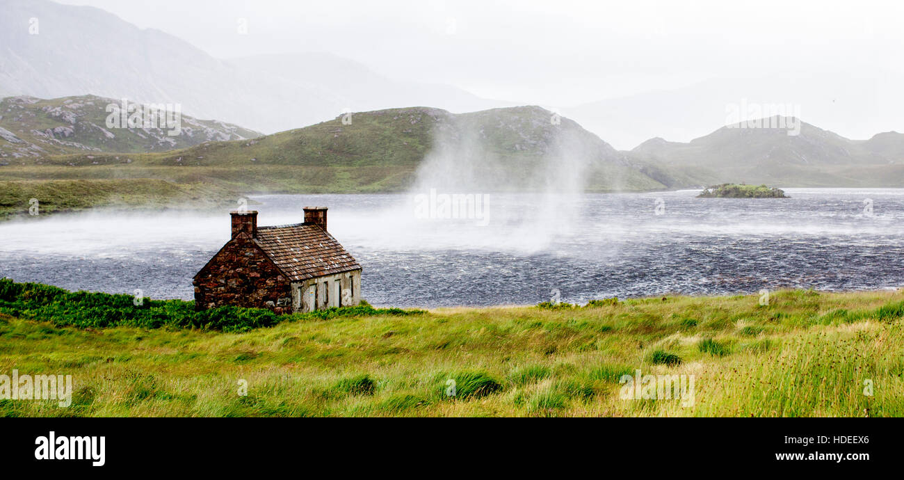 View of Old Bothy, by Loch Stack, on a windy day,in the Sutherland in Scotland Stock Photo