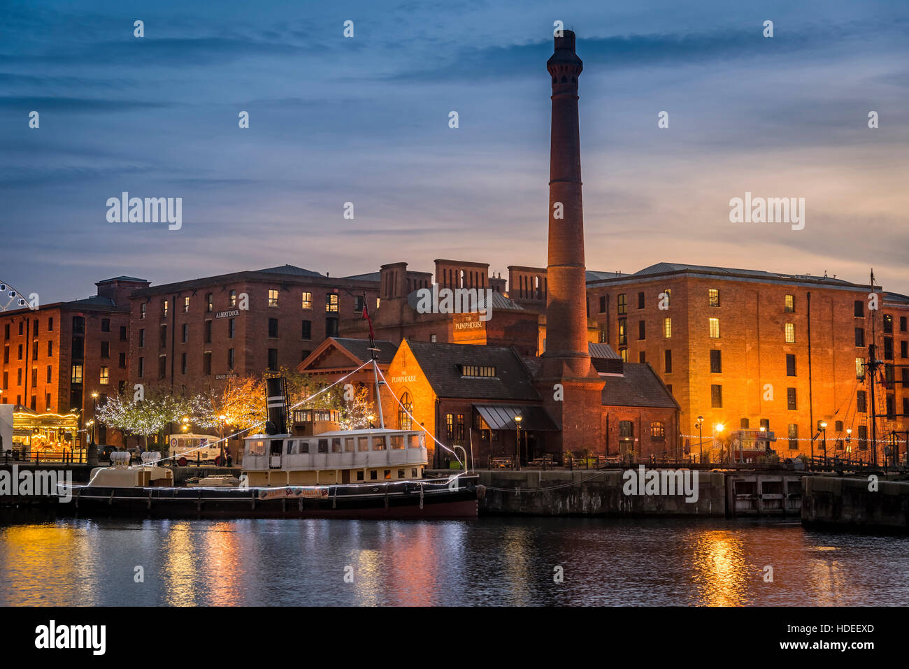 The Albert Dock complex buildings in the evening christmas lights with