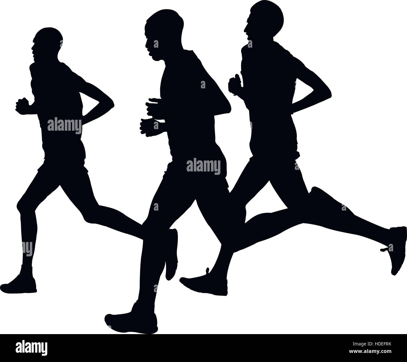 three leaders man runners running sports marathon. black silhouette vector illustration Stock Vector