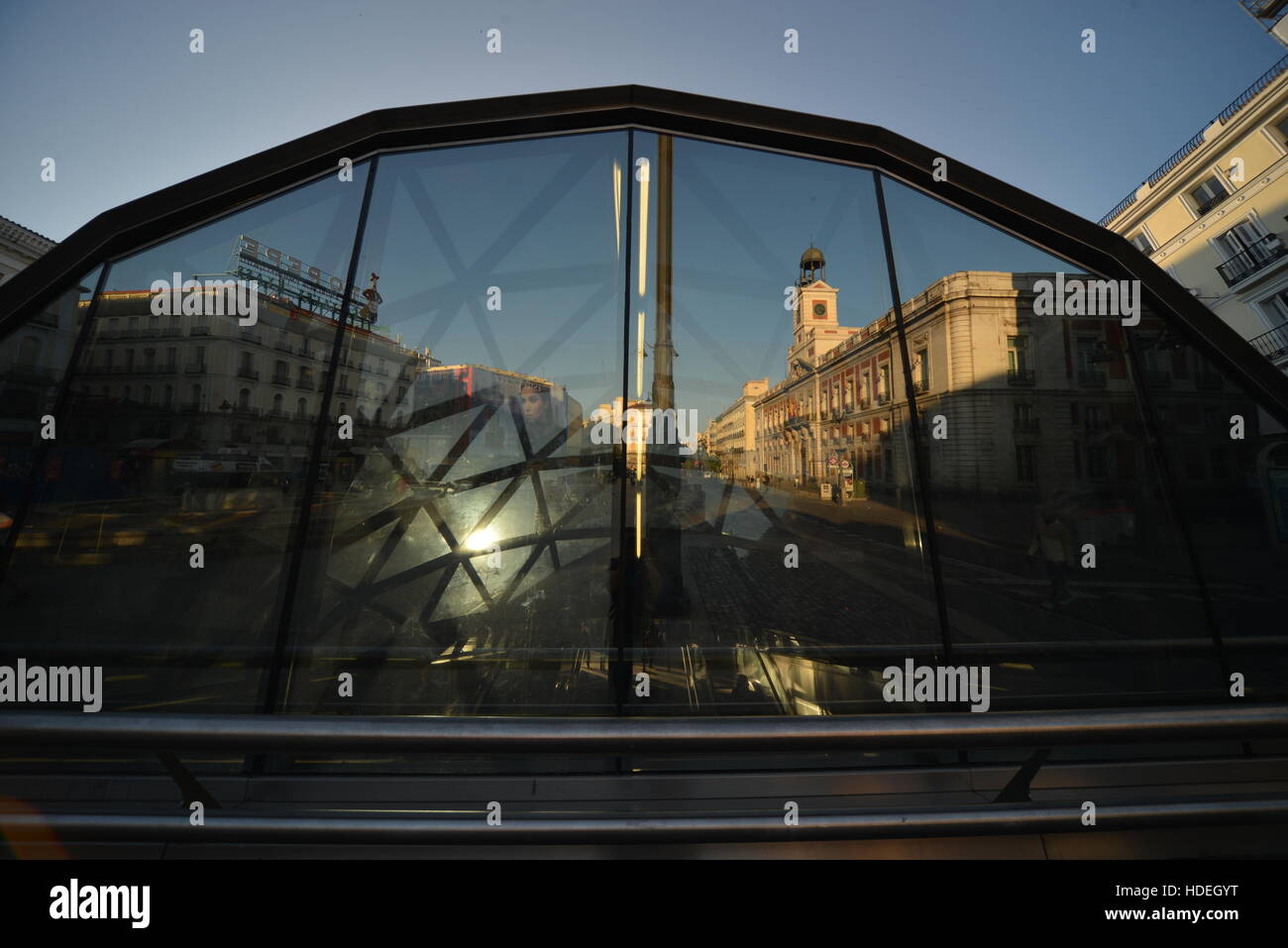 Kilómetro Cero (Km 0), reflected in the glass exit of the Sol public transport station in Puerta del Sol Square, Madrid Stock Photo