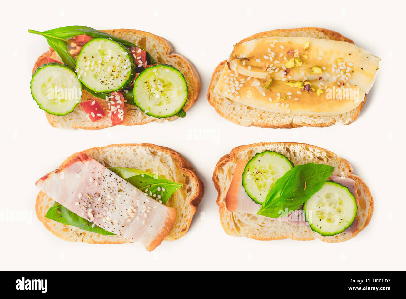 tartines sandwich bread cucumber tomato bacon Stock Photo