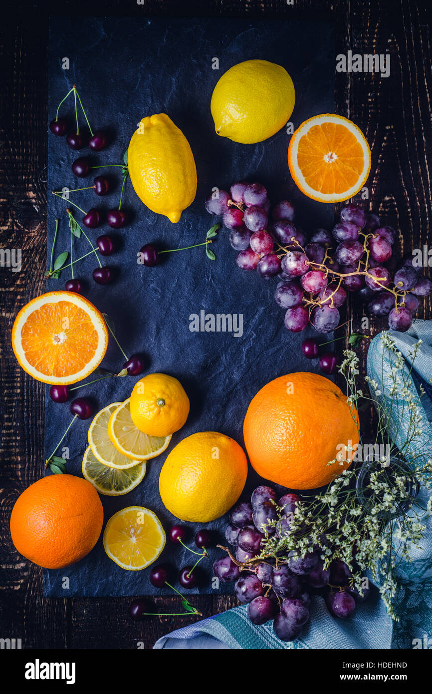 orange lemon grape cherry fruit berry season Stock Photo