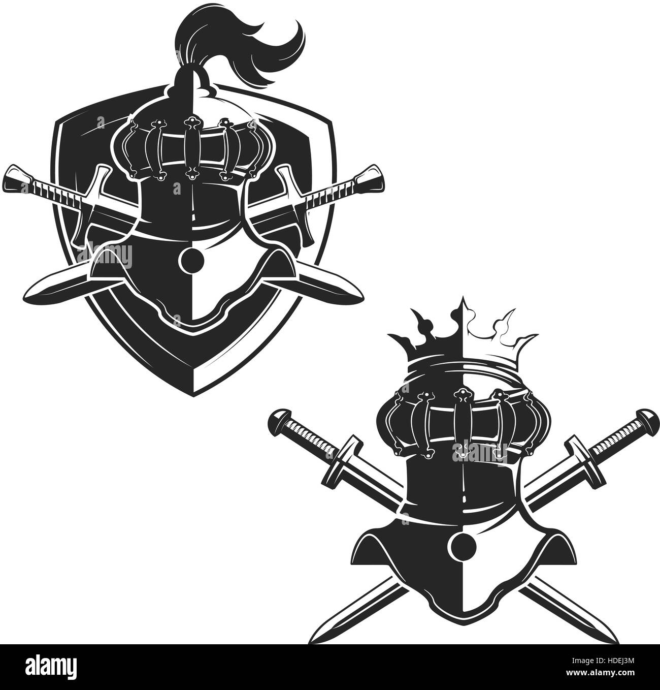 Set of the emblems templates with swords and knights helmets. Design elements for logo, label, emblem, sign, brand mark. Vector illustration. Stock Vector