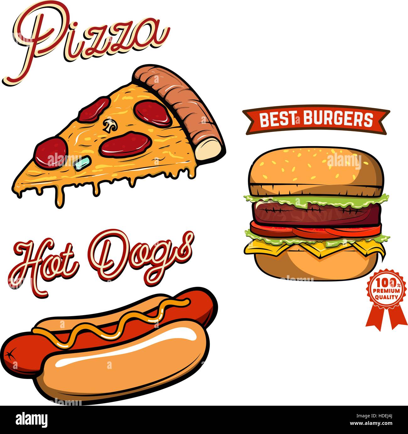 Pizza, burger, hotdog illustrations in retro style isolated on white