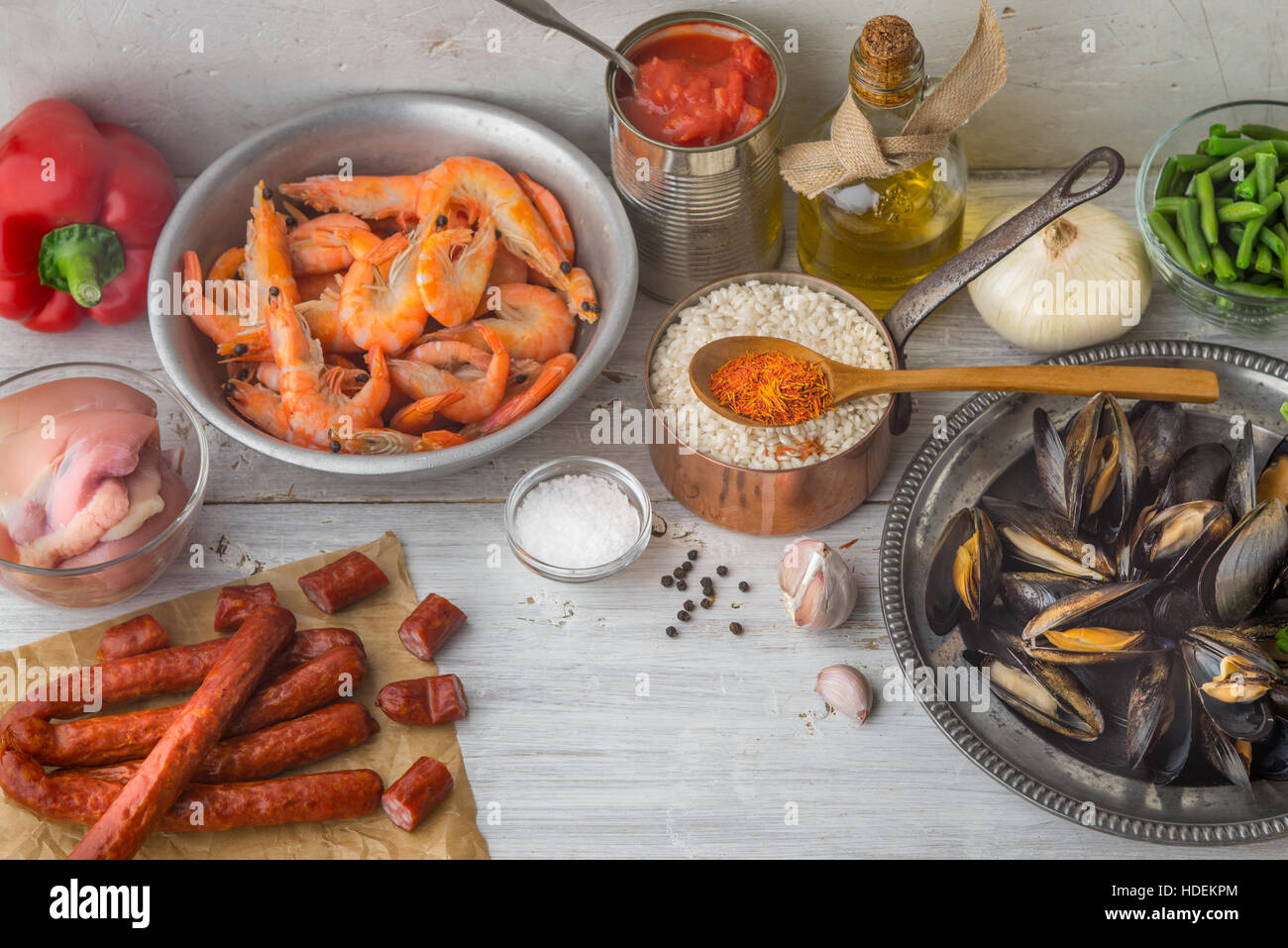 Ingredients for paella on the white scratched table Stock Photo Alamy