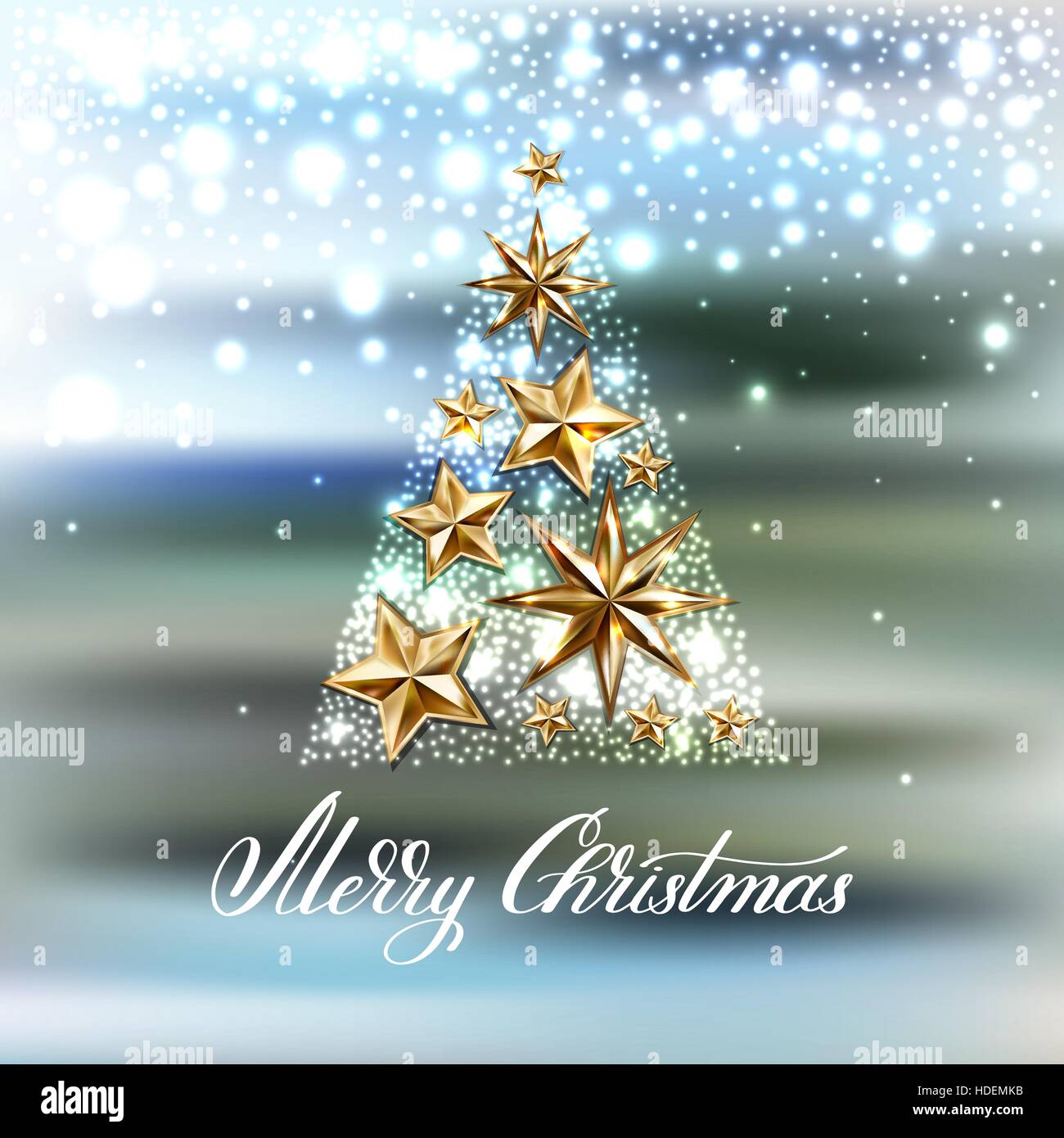 gold stars christmas tree with hand lettering inscription merry Stock ...