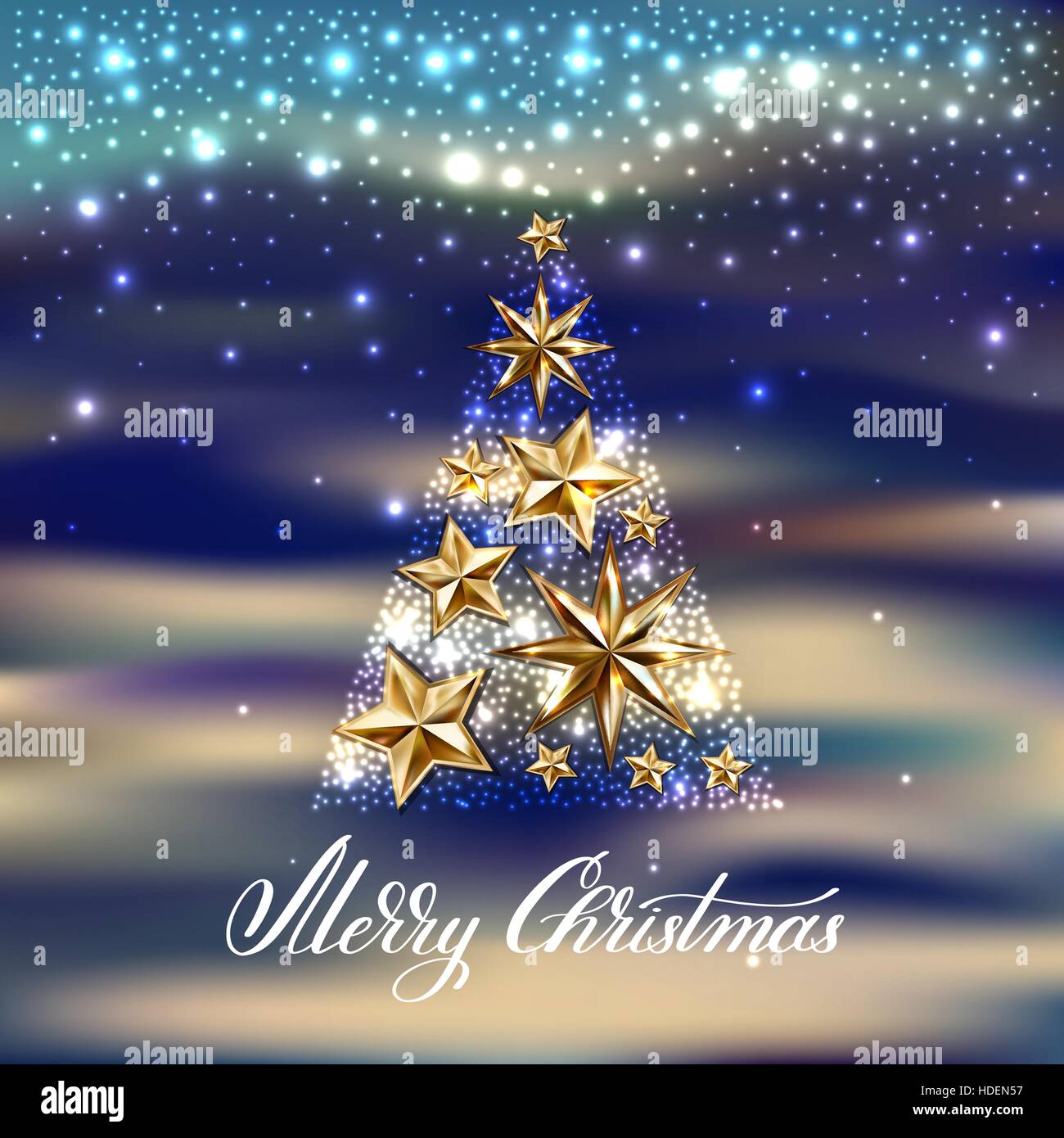 gold stars christmas tree with hand lettering inscription merry Stock ...