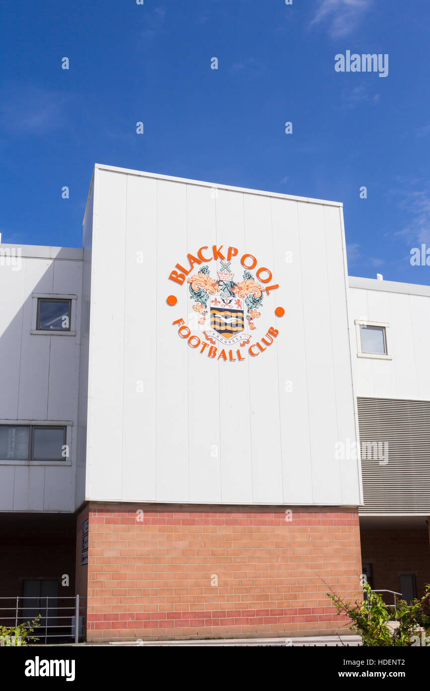 The crest of Blackpool Football Club on the exterior of Bloomfield Road stadium. Stock Photo