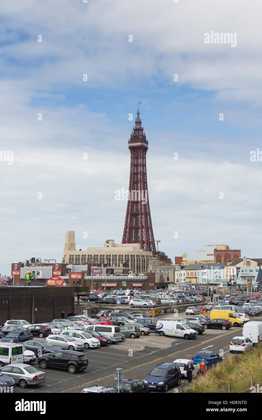 Blackpool tower from Seasiders Way, overlooking central car park and
