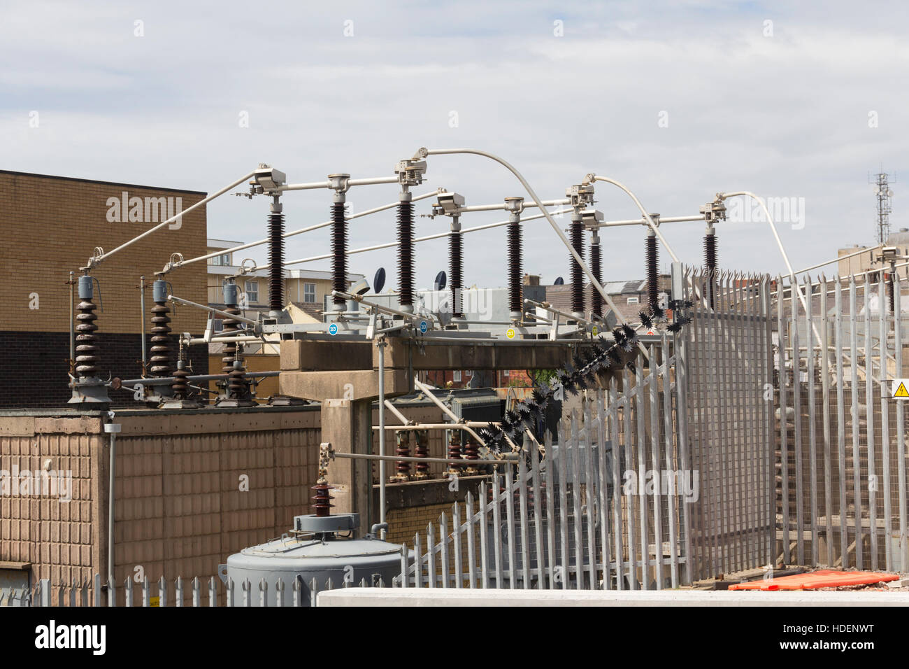 Part of  the electricity supply equipment at a large sub-station on Princess Road, Blackpool. Stock Photo