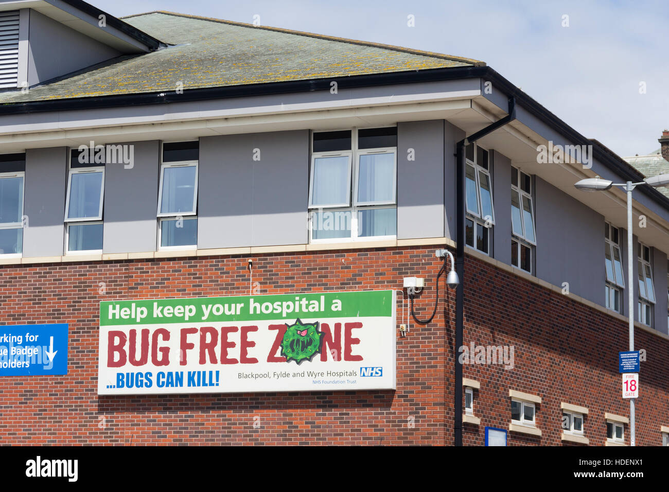 Exterior sign for the Bug Free Zone campaign at  Blackpool Victoria hospital, reminding of the importance of infection control. Stock Photo