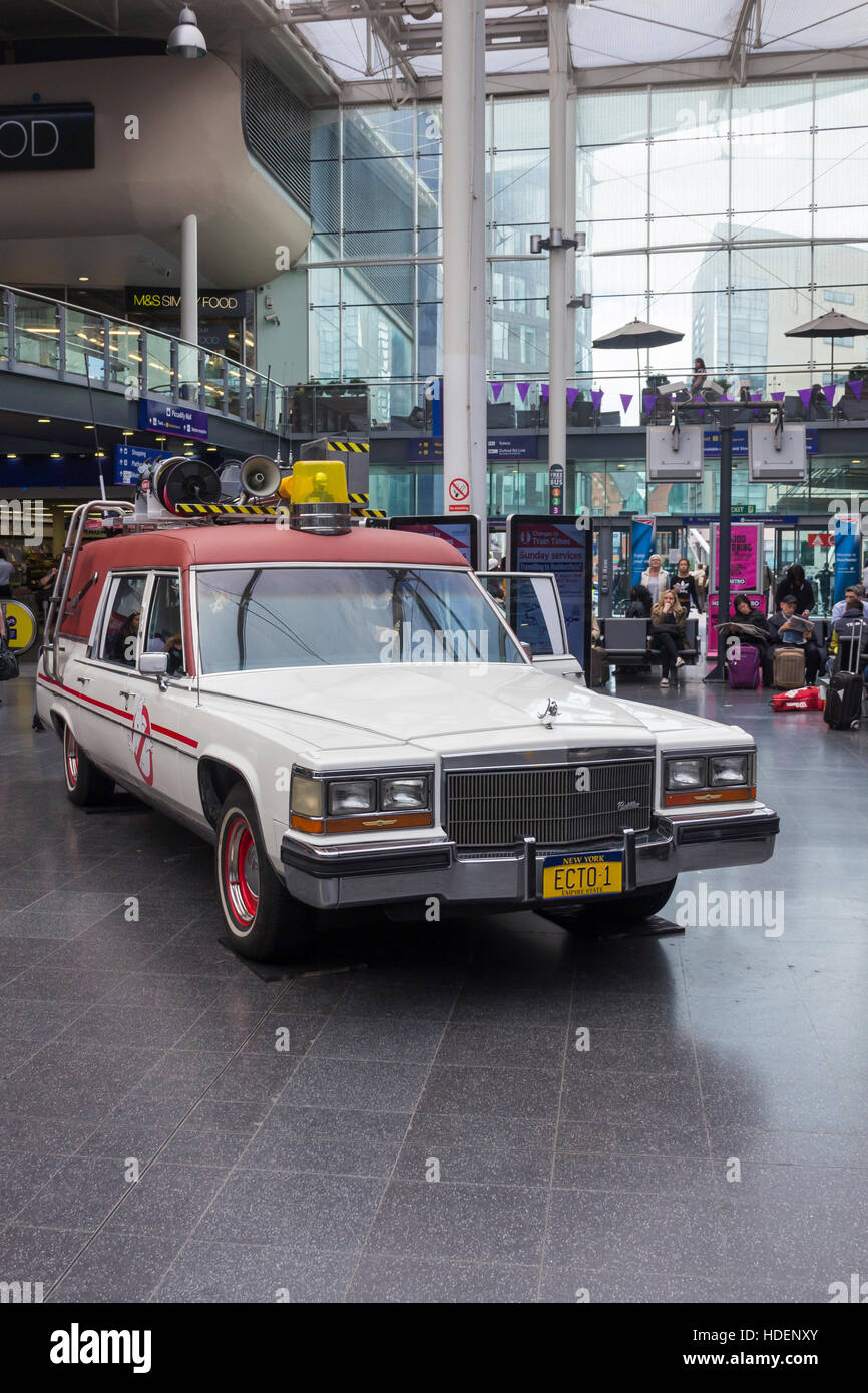 Ghostbusters 2 car ECTO-1, as seen in the 2016 reboot of the Ghostbuster film franchise, at Manchester Piccadilly train station Stock Photo