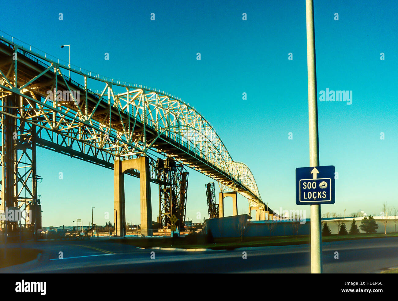 Sault Ste Marie International Bridge spanning Saint Marys River between Michigan, USA and Ontario, Canada. Stock Photo