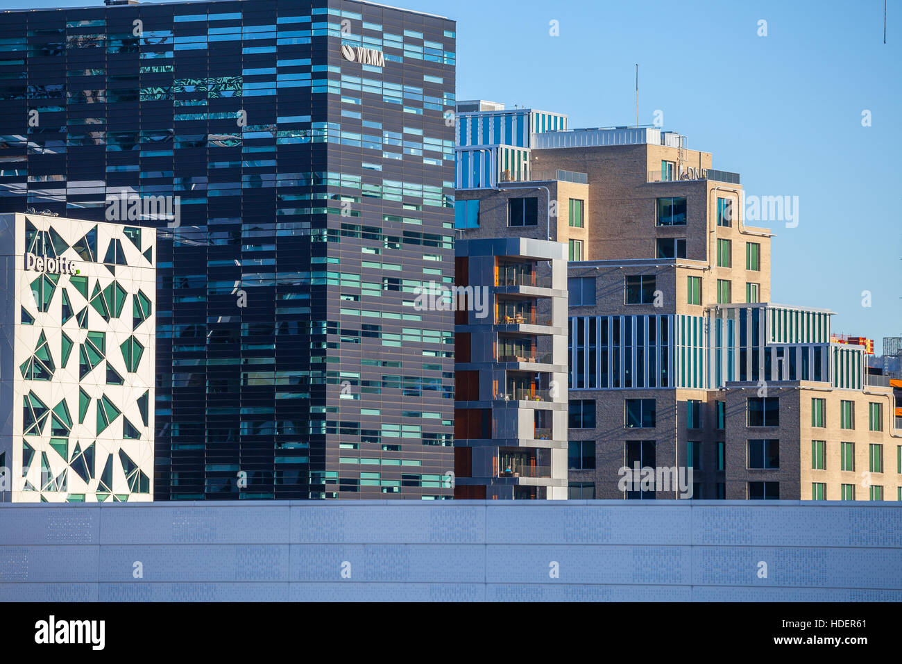 Exterior of business buildings known as 'Barcode' in downtown, one of city's symbols. Oslo, Norway Stock Photo