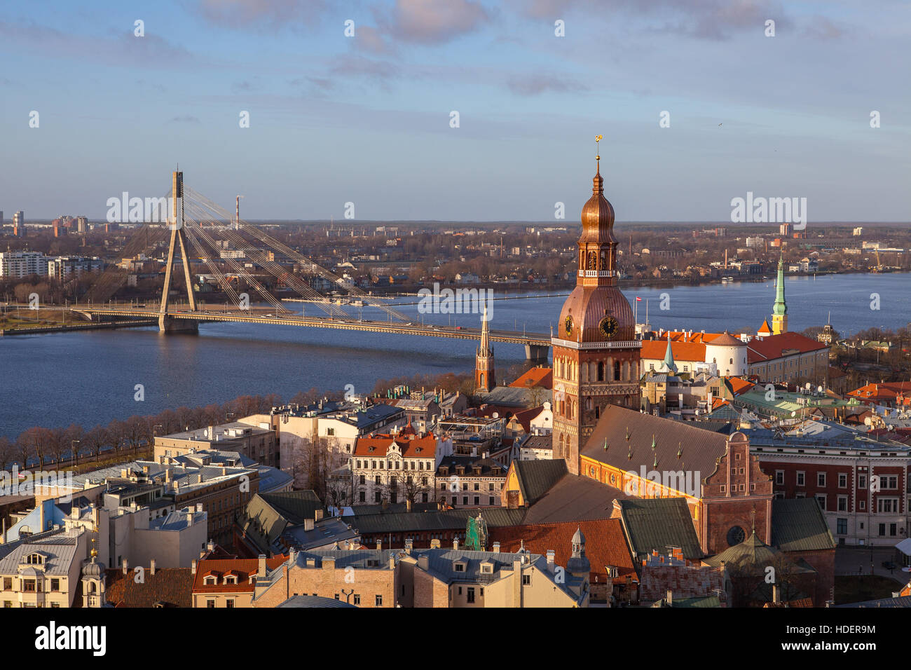 Aerial simmer day view of old town and Daugava river from St Peter church, with Riga Cathedral, Latvia Stock Photo