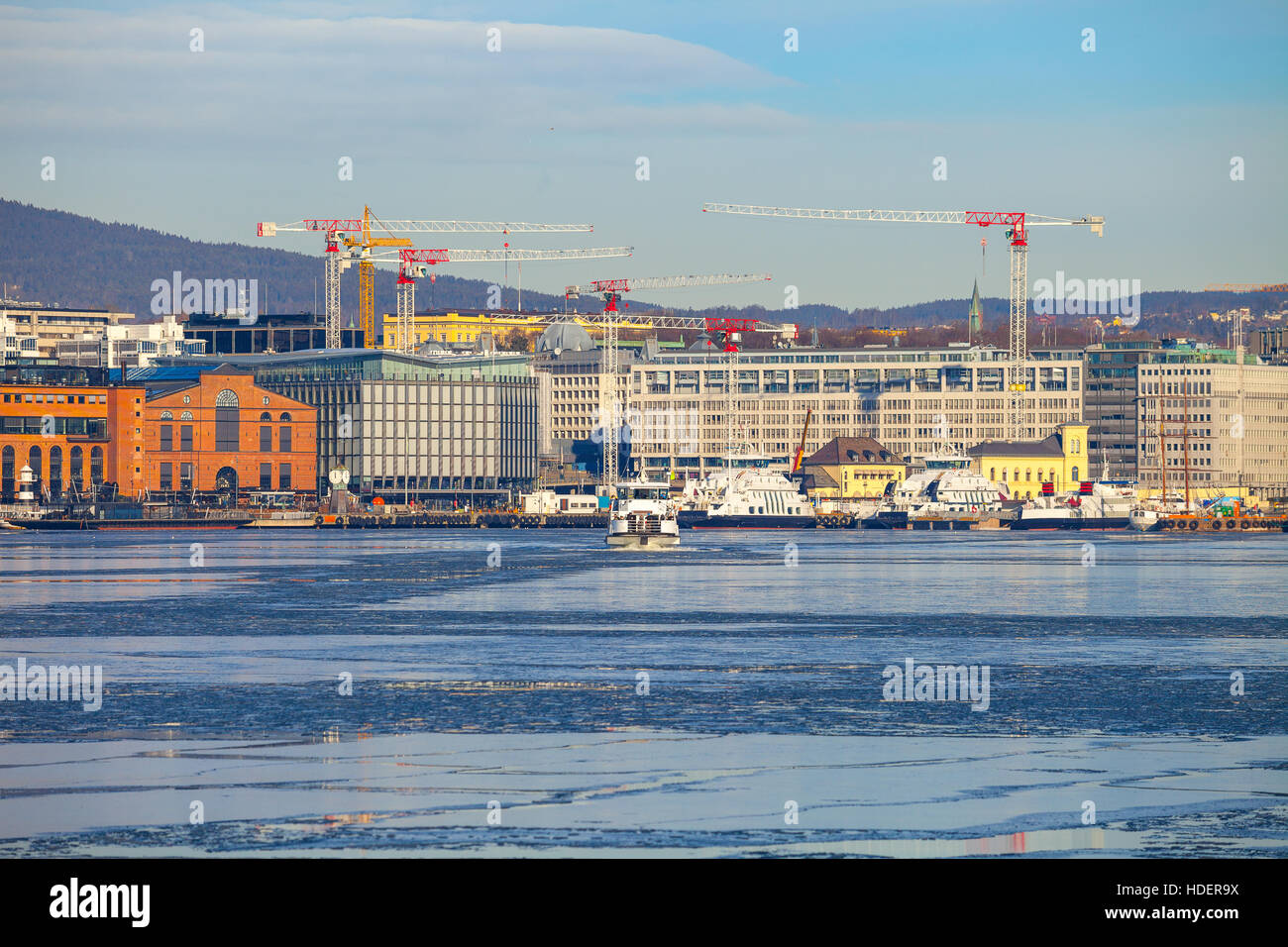 View of the Aker Brygge, modern part of Oslo. Marina and buildings. Stock Photo