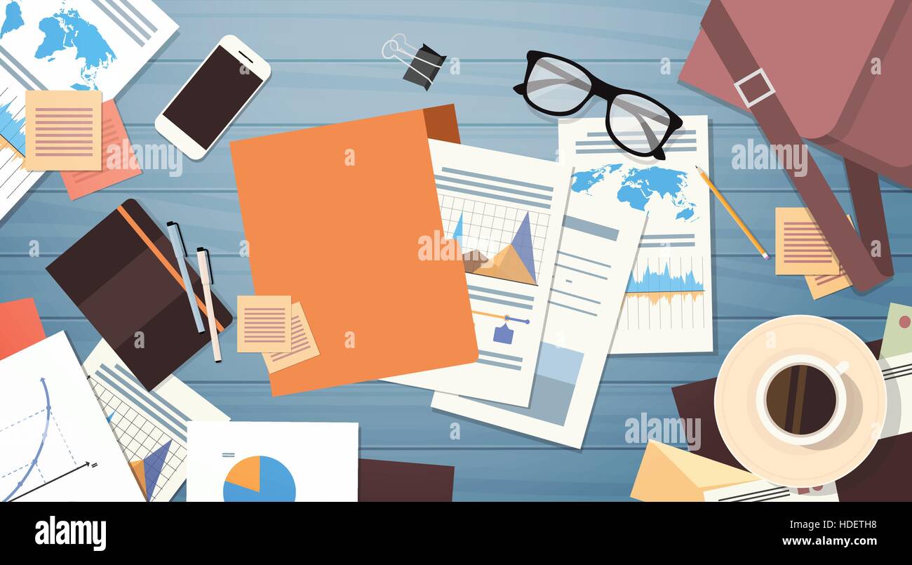 workplace desk documents papers folder office stuff top angle view ofice stuff