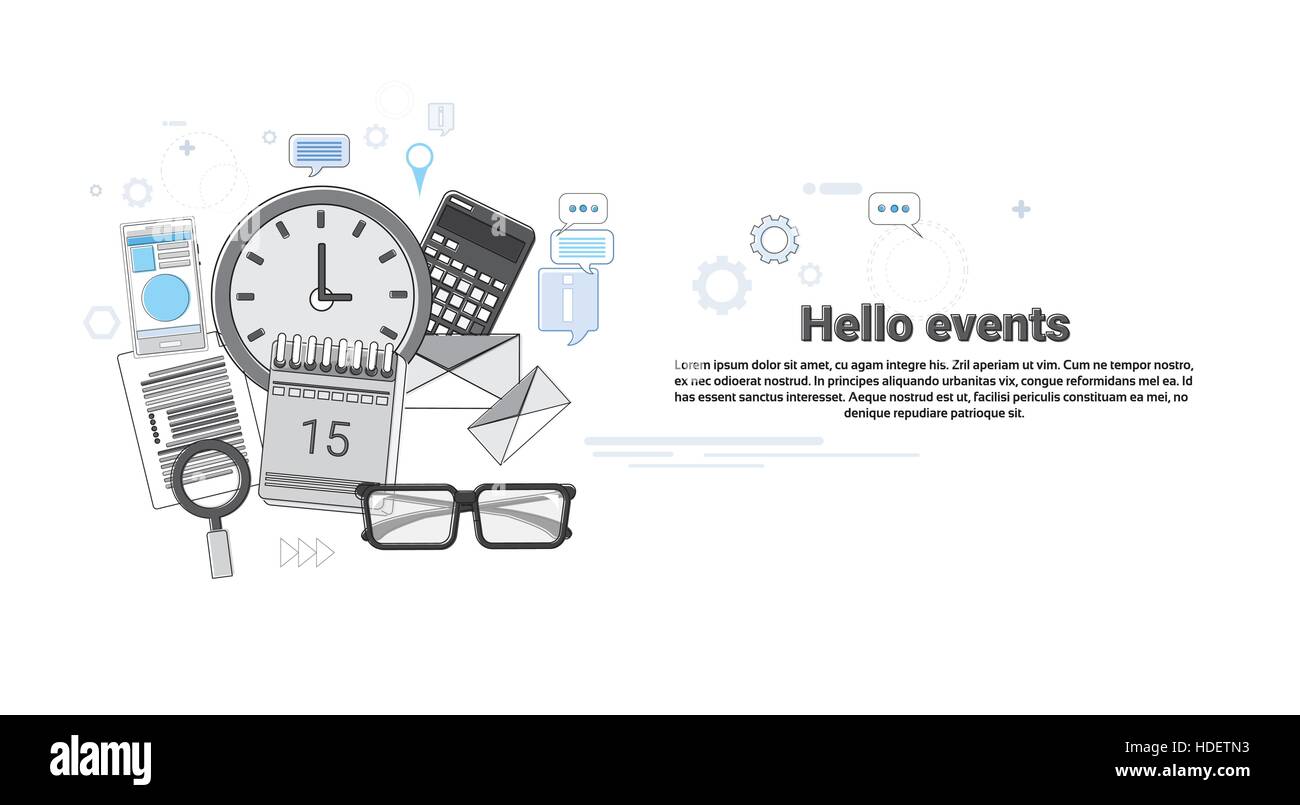 Hello Events News Portal Concept Banner Thin Line Vector Illustration Stock Vector