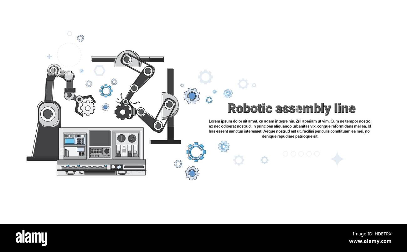 Robotic Assembly Line Industrial Automation Industry Production Web Banner Vector Illustration Stock Vector