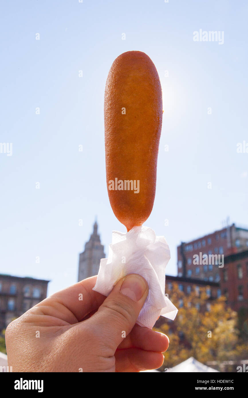 Corn Dog, Hot dog on a stick at the Grand bazaar Sunday market, New