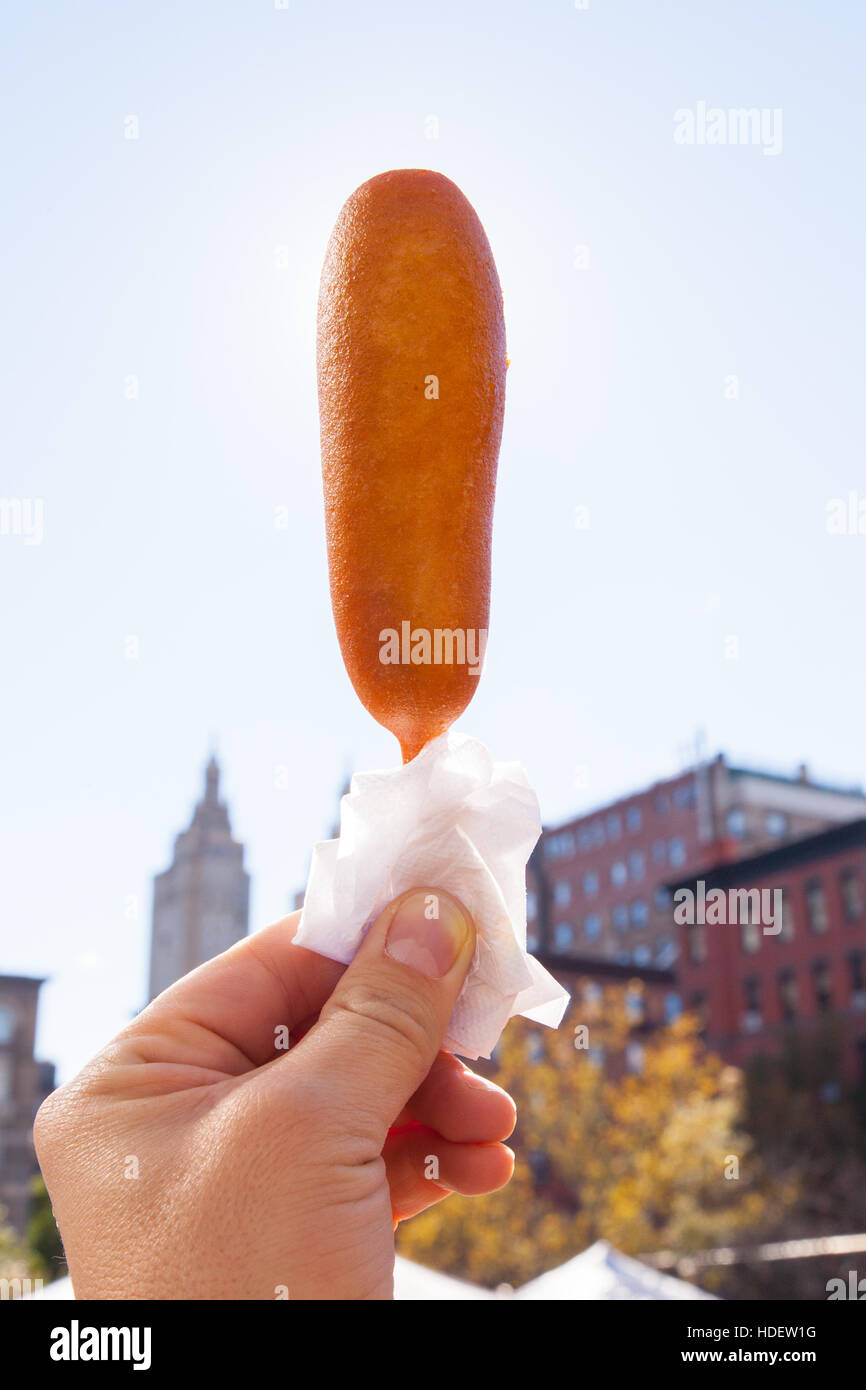 Corn Dog, Hot dog on a stick at the Grand bazaar Sunday market, New