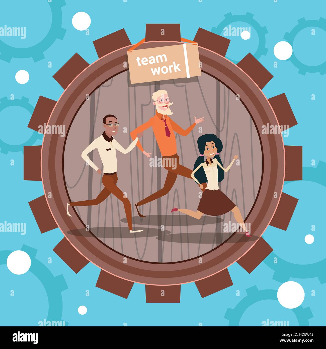 Mix Race Business People Group Run In Cog Wheel Concept Teamwork Flat ...