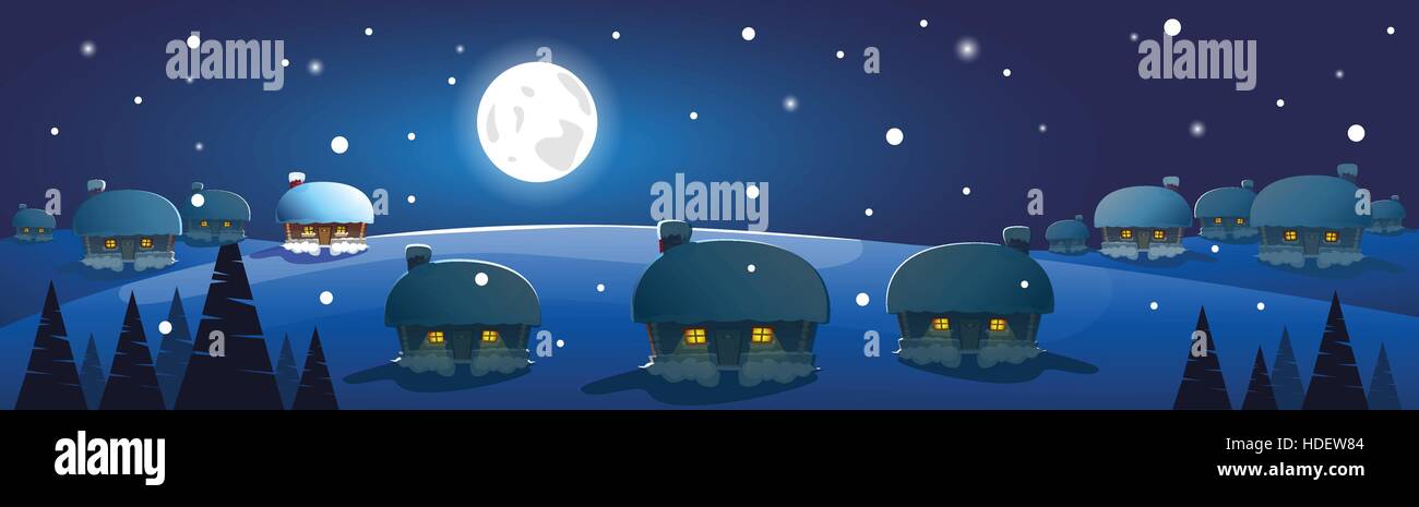 Winter Village Night Landscape White Snow Banner Flat Vector ...