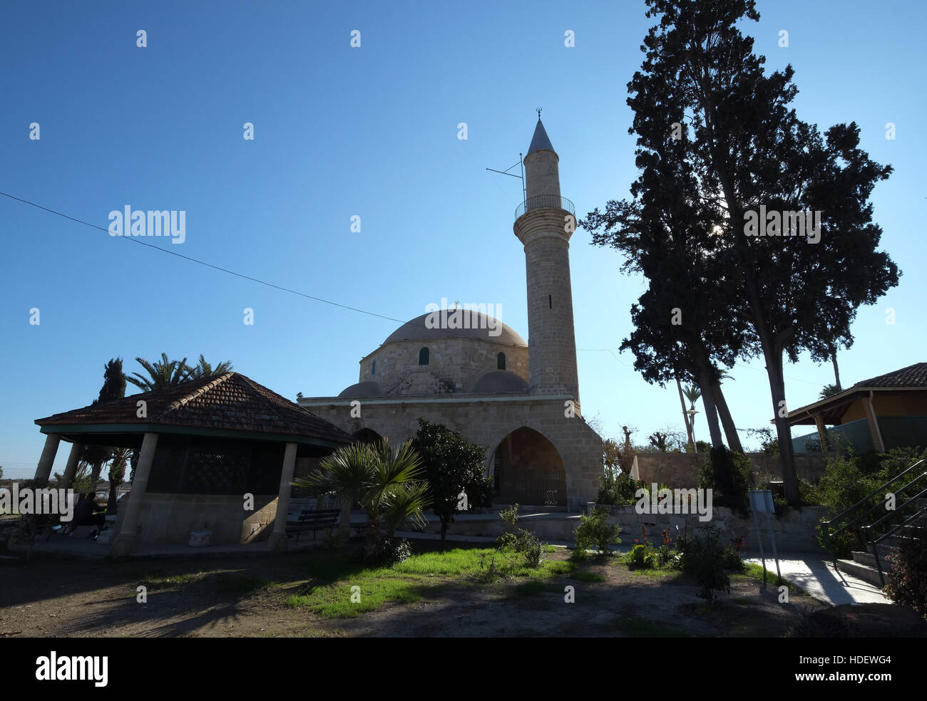 Hala Sultan Tekke Mosque which sits on the edge of the salt lake in Larnaca Cyprus. Stock Photo
