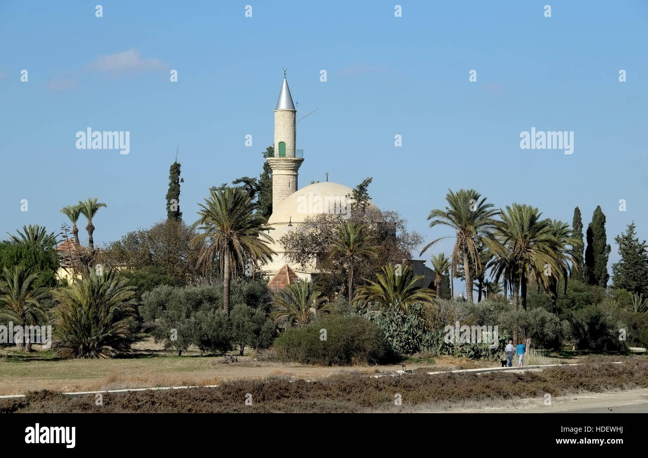 Hala Sultan Tekke Mosque which sits on the edge of the salt lake in Larnaca Cyprus. Stock Photo