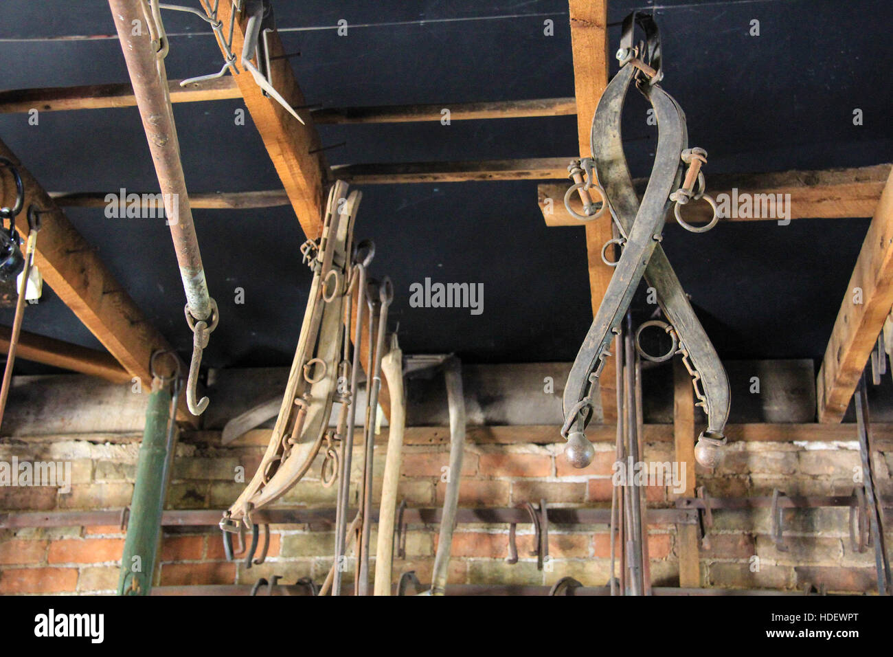 Vintage horse yokes and plow beams hanging from rafters of blacksmith shop in Eden, Utah, USA