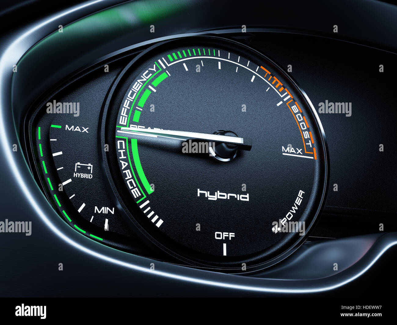 Hybrid car illuminated dashboard speedometer tachometer with full energy level and ready to drive mode. 3d renderin illustration Stock Photo