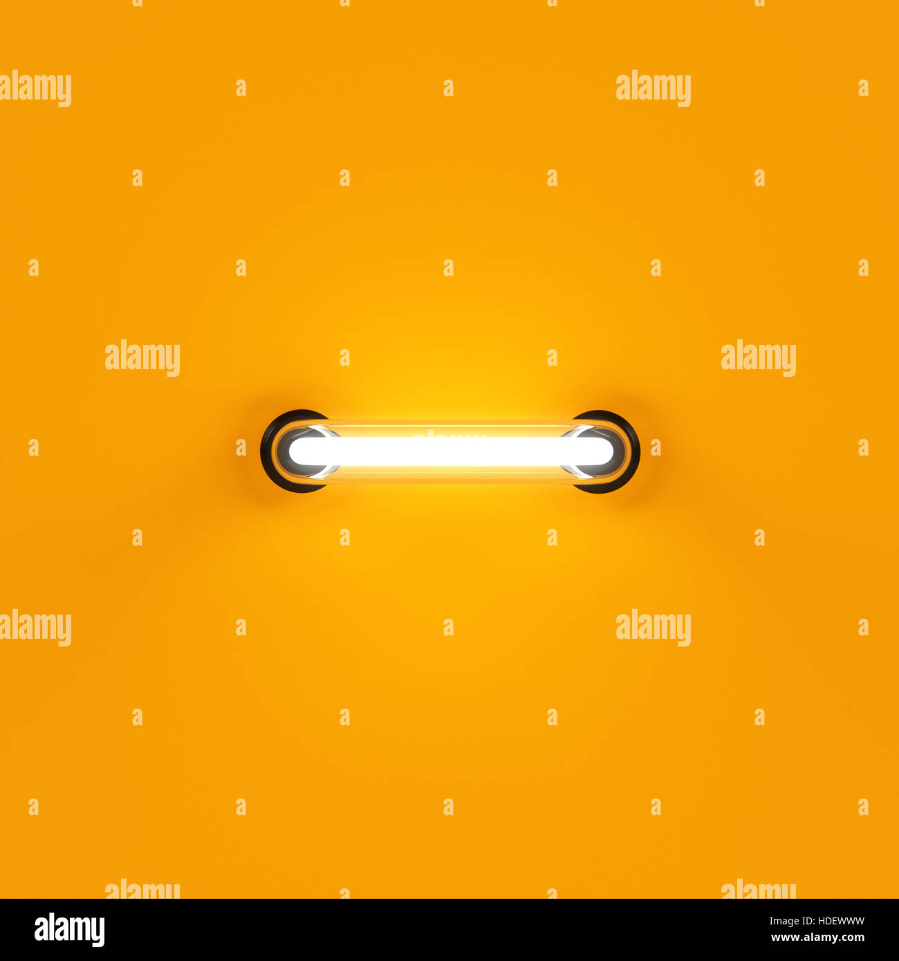 Neon light letter digit minus subtraction sing mark. Neon tube letter glow effect on orange background. 3d rendering Stock Photo