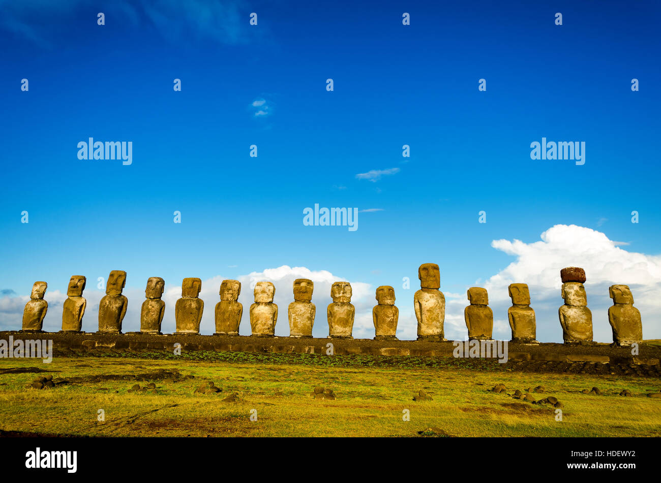 View of platform with 15 Moai at Ahu Tongariki on Easter Island in Chile Stock Photo