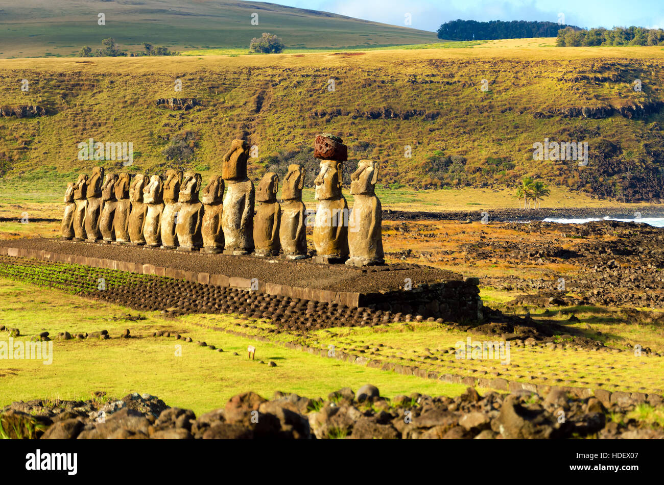 Row of Moai statues at Ahu Tongariki on Easter Island in Chile Stock