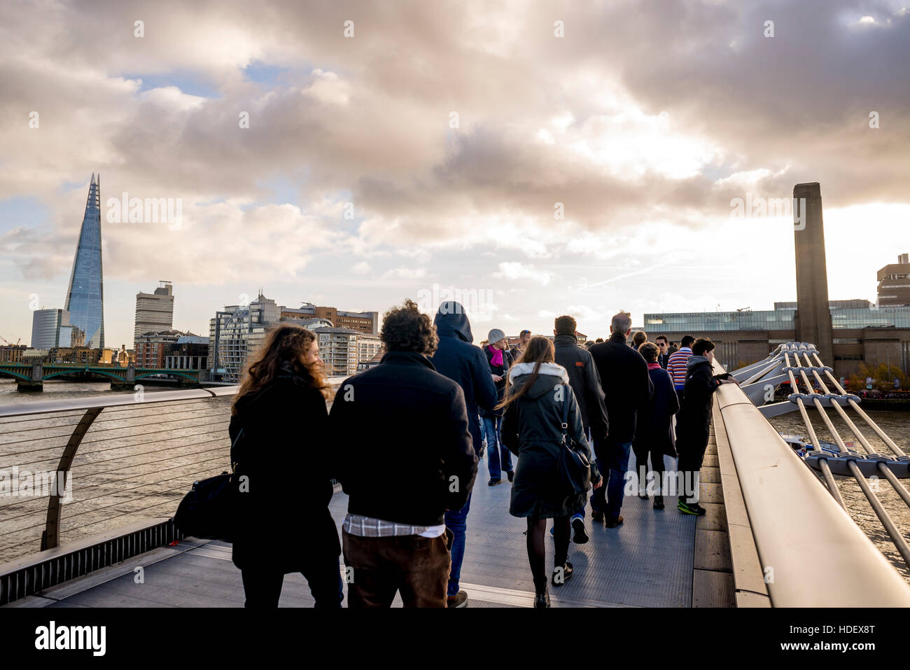 View of Tate Modern and Shard from Millennium Bridge on a bright sunny winter day Stock Photo