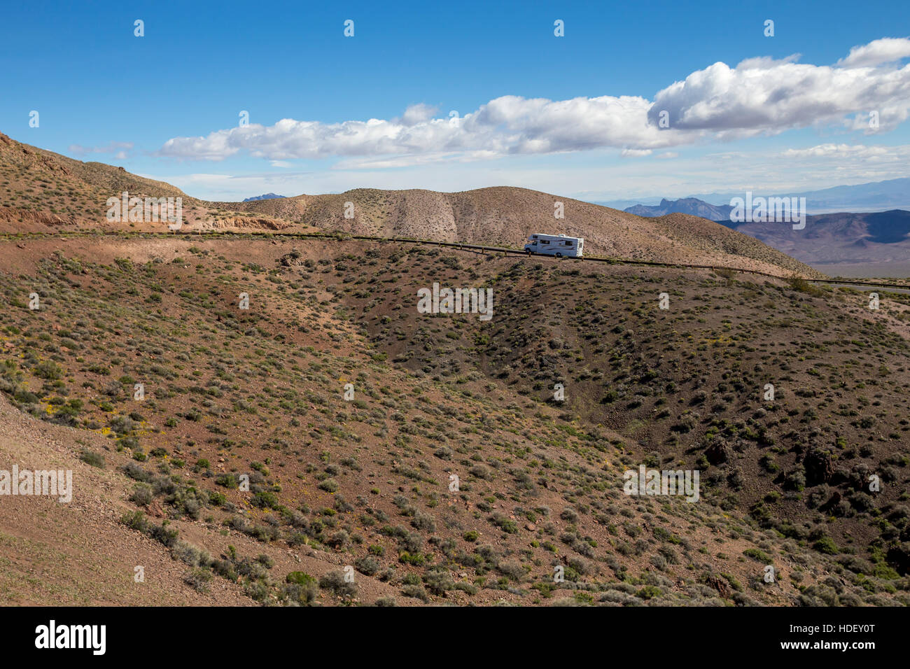 Recreational vehicle, ascending road to, Dante's View, Death Valley National Park, Death Valley, California Stock Photo