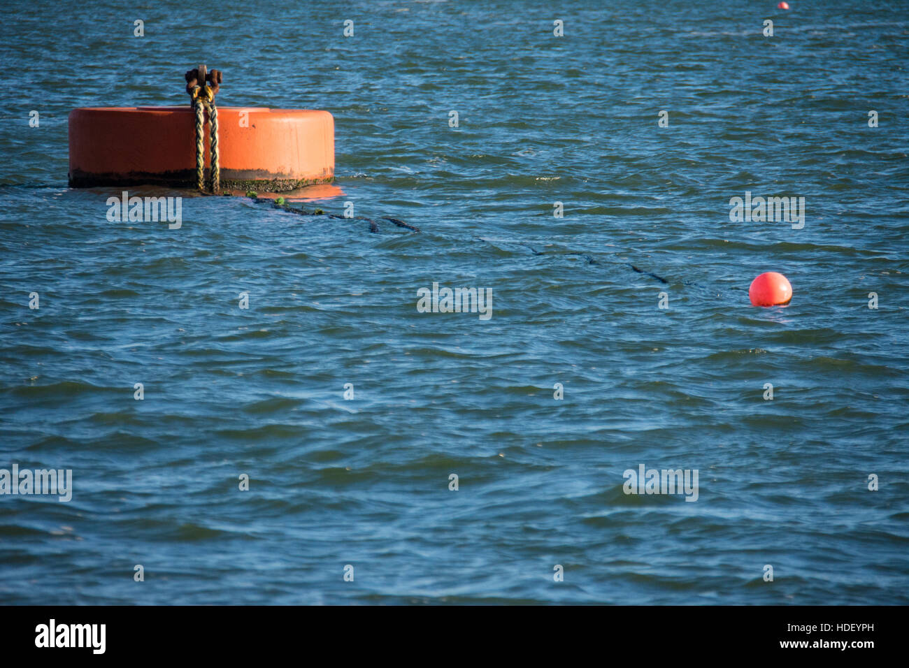 Small buoy on pick up line linked to massive mooring rope on a tug mooring buoy in blue rippled water in Milford Haven Stock Photo