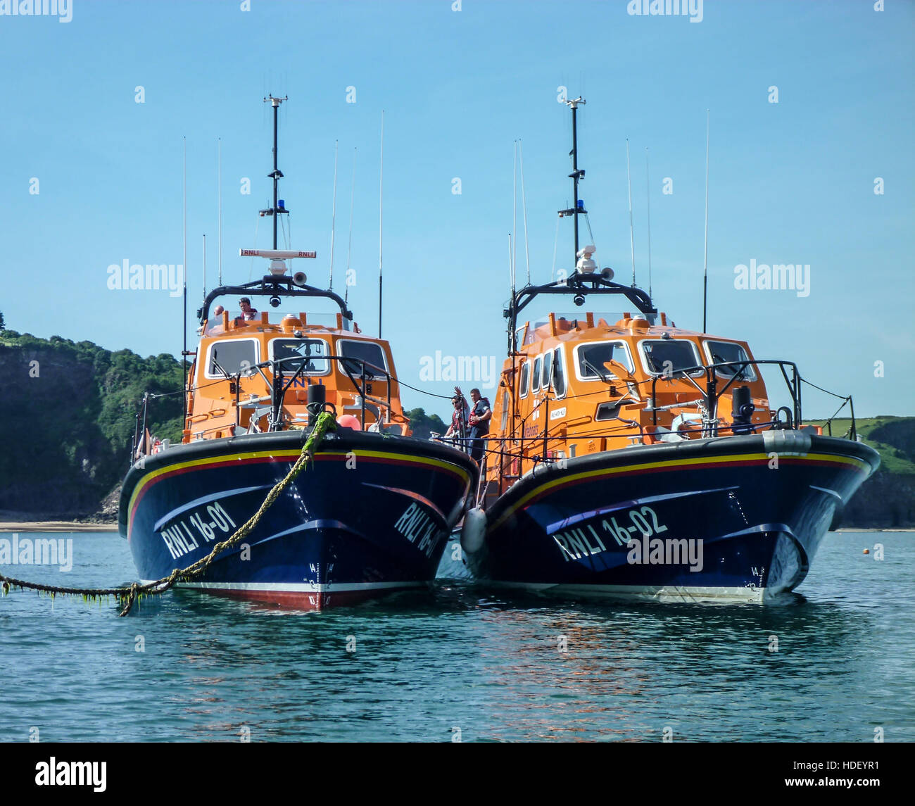 Tamar class lifeboats 16-01 and 16-02 together at Tenby Stock Photo